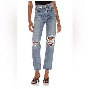 Agolde 90s pinch waist straight leg jeans distressed knee high rise backdrop 24